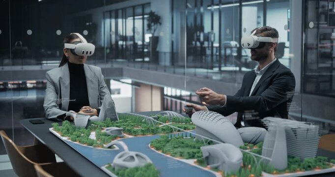 Architect and Engineer in VR Headsets Collaboratively Design Futuristic Physical City, Using Immersive Mixed Reality, Sustainable Skyscraper Concepts, Smart Infrastructure, Innovative Urban Planning 