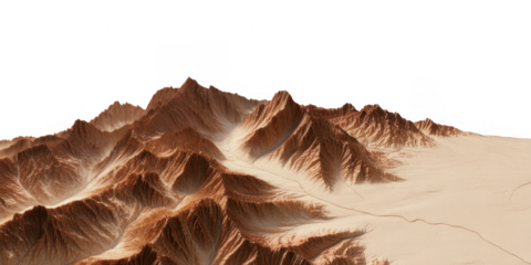 Detailed 3 D rendered arid mountain range with deep valleys and sandy plains isolated on a transparent background
