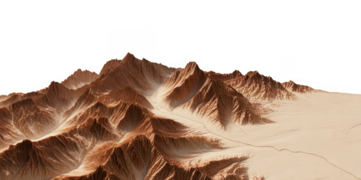Detailed 3 D rendered arid mountain range with deep valleys and sandy plains isolated on a transparent background - Powered by Adobe