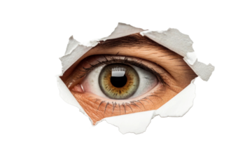 Extreme close up of a human eye with detailed iris and eyelashes peeking through ripped paper, perfect for themes of vision, insight, discovery, or surveillance applications.
