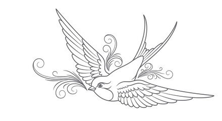 Obraz premium Intricate Line Art Illustration of a Free-Flying Bird with Elegant Swirls and detailed feathers