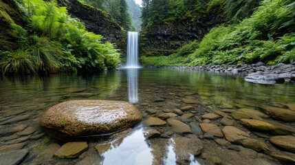 Lush waterfall pool with reflective water and vibrant green foliage