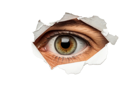 Extreme close up of a human eye with detailed iris and eyelashes peeking through ripped paper, perfect for themes of vision, insight, discovery, or surveillance applications.