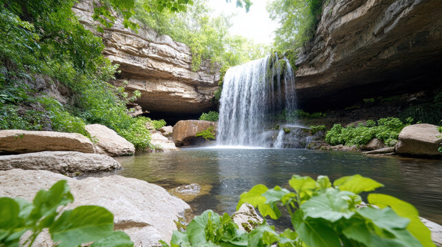 Lush waterfall canyon pool with vivid greenery and serene natural light - Powered by Adobe