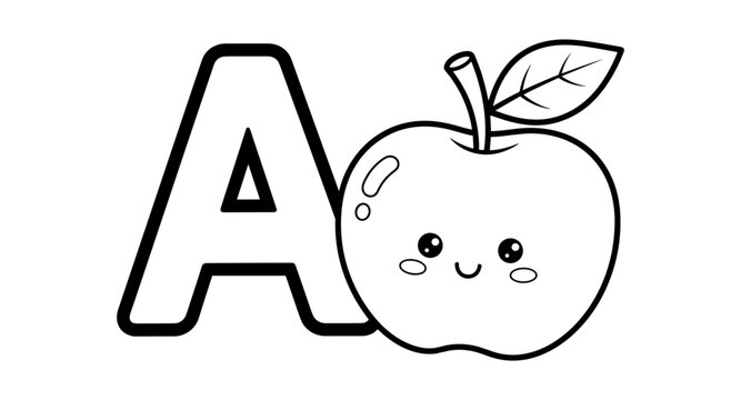 Cute alphabet letter a with smiling kawaii apple for kids coloring page