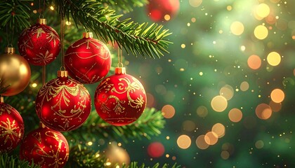 Elegant Christmas Background: Ornate Red and Gold Decorations Hanging from Fir Tree. Festive Blurred Backdrop.