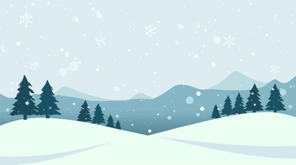 Vector illustration of a winter scene with a flat design aesthetic, featuring bold lines, minimal shading, and a limited color palette, with snowflakes, trees