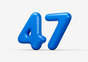 Glossy blue 3D number 47 featuring bold angular edges and glossy shine. 3d illustration
