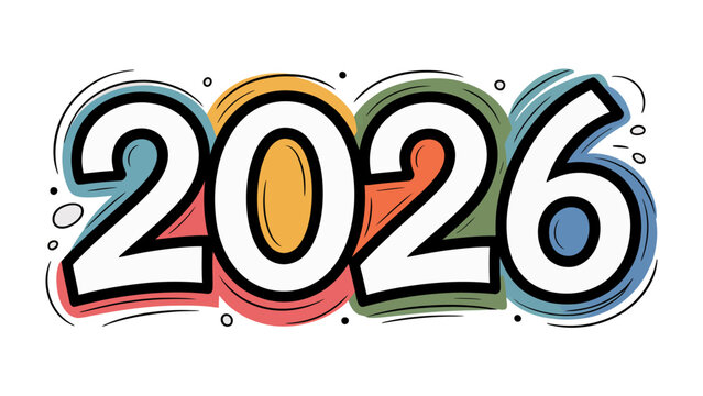 2026 Typography: A vibrant graphic, the number '2026' is boldly displayed in a colorful, eye-catching font, symbolizing the arrival of a future.