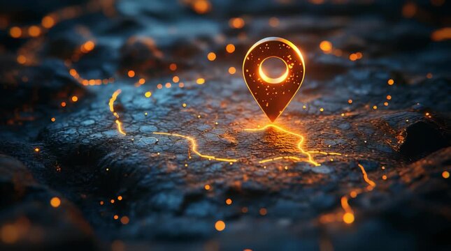 3D geolocation pointer with backlight connected by a glowing route line on a dark surface. Navigation, path, maps, travel, innovation, and mobile app.	