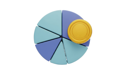3D icon financial pie chart with gold coin, isolated on white background   