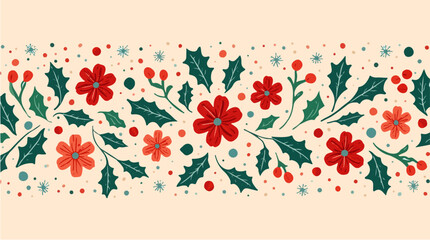 Vector illustration of a festive Christmas decoration featuring floral patterns and colorful sprinkles in a flat design style, with bold lines, vibrant hues of red