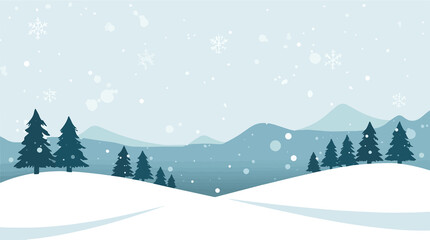 illustration of a winter scene with a flat design aesthetic, featuring bold lines, minimal shading, and a limited color palette, with snowflakes, trees with png tranparent