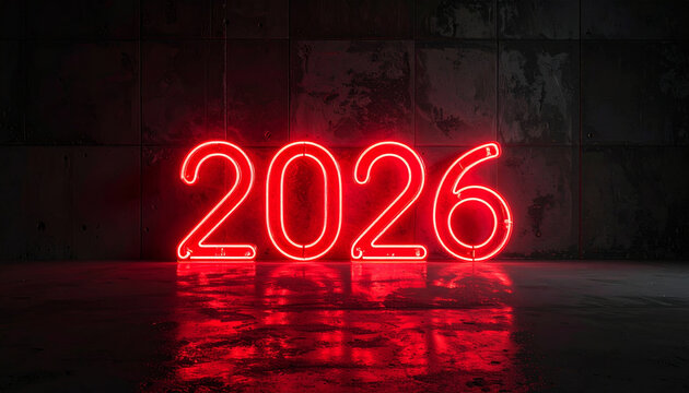 2026 neon sign glowing new year future nightlife vibrant urban electric arrival illuminated retro innovation incoming celebrating future with glowing neon numbers in vibrant urban scene