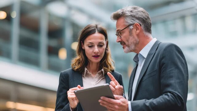 Female executive assistant showing tablet screen to male colleague in modern office during afternoon