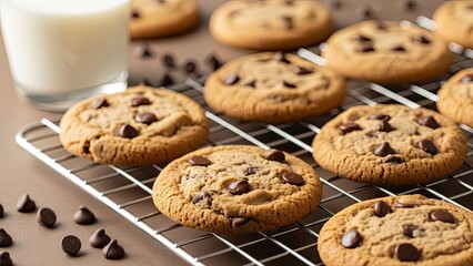 Delicious homemade chocolate chip cookies cooling on a wire rack with a glass of milk in the background