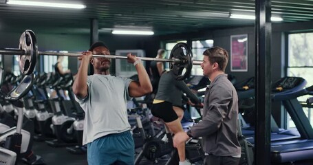 Barbell, personal trainer and advice with man in gym for weightlifting, fitness and muscle workout. Training, coaching and bodybuilder exercise with people in sports center for powerlifter athlete - Powered by Adobe