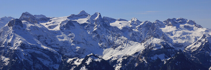 Uri Rotstock and other high mountains in winter, Switzerland.