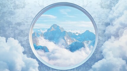 Open round window in sky with blue mountains and white clouds outside, snow-capped peaks in distance creating dreamy atmosphere