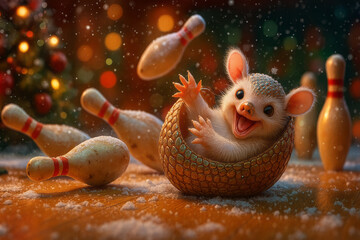 Obraz premium Festive armadillo bowling scene with snowflakes, Christmas tree, and candy-striped pins. Ideal for holiday marketing, toy brands, family entertainment, seasonal campaigns