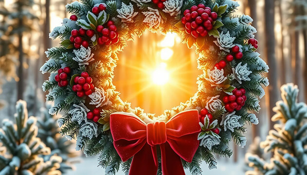 Christmas Wreath with Red Bow and Sunlight &ndash; Holiday Decoration