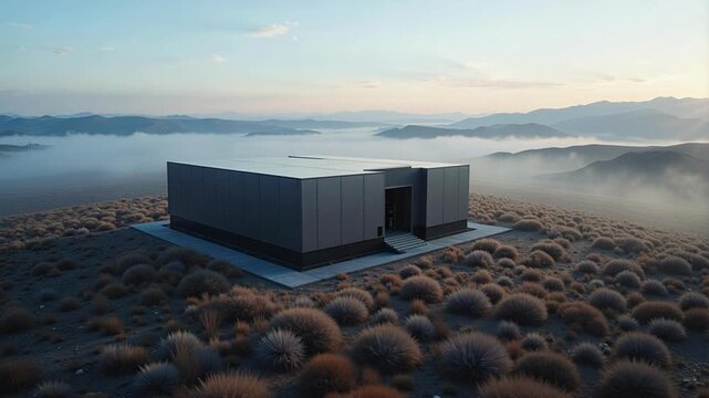 Dramatic 4k aerial footage of a secluded data center nestled in wind-swept plains, shrouded in ground fog creating a modern, isolated tech landscape