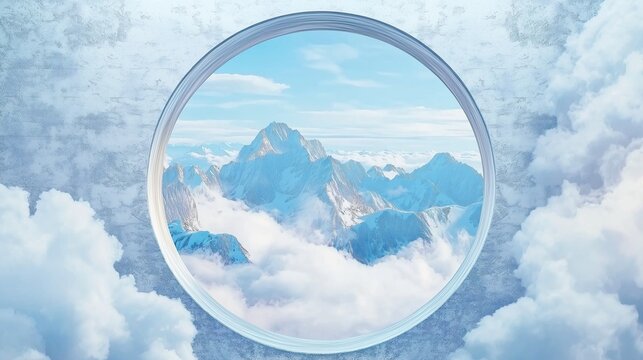 Open round window in sky with blue mountains and white clouds outside, snow-capped peaks in distance creating dreamy atmosphere