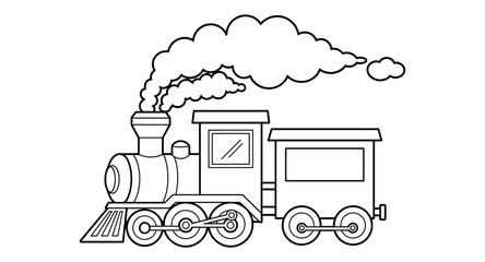 Black and white linear train with smoke for coloring books or educational materials