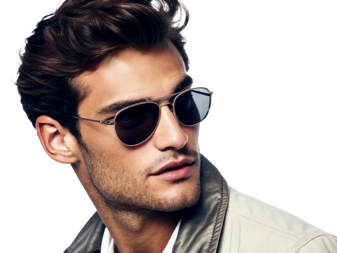Closeup portrait of a handsome Hispanic man with stylish dark hair and sunglasses, looking away, ideal for advertising mens accessories, eyewear, or lifestyle products.