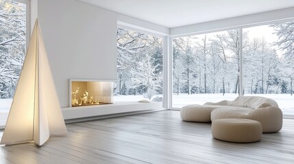 A modern, bright living room with a fireplace, comfortable seating, and a large window overlooking a snowy winter landscape. The room is minimalist and inviting