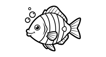 Cute cartoon fish with stripes and bubbles - black and white line art