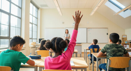 Elementary School Student Actively Raising Hand in Bright Classroom
