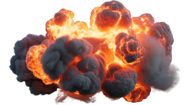 Fiery orange and red explosion cloud with dark grey smoke plumes isolated on a transparent background