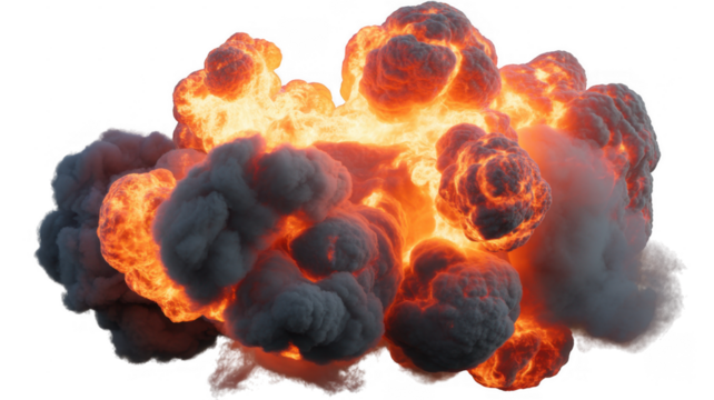 Fiery orange and red explosion cloud with dark grey smoke plumes isolated on a transparent background - Powered by Adobe