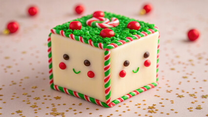 Christmas dessert cube with cute face design decorated with red and green candy and festive icing on white background with gold stars