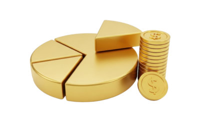 3D icon financial pie chart with gold coin, isolated on white background  