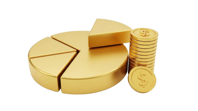 3D icon financial pie chart with gold coin, isolated on white background  