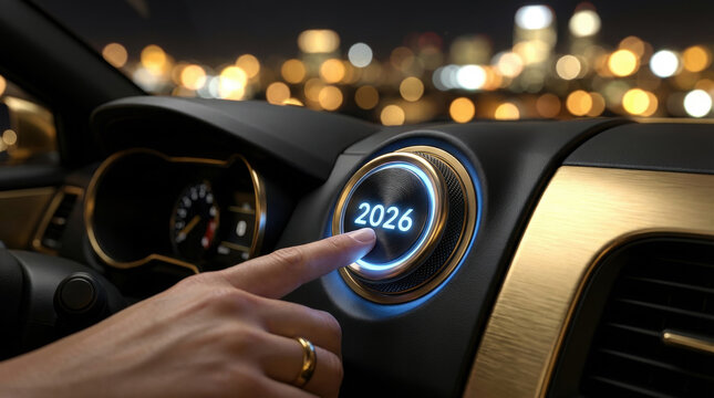 Hand pressing a glowing 2026 start button on a luxury car dashboard. Night city driving concept representing the beginning of a New Year journey with blurred bokeh lights.
