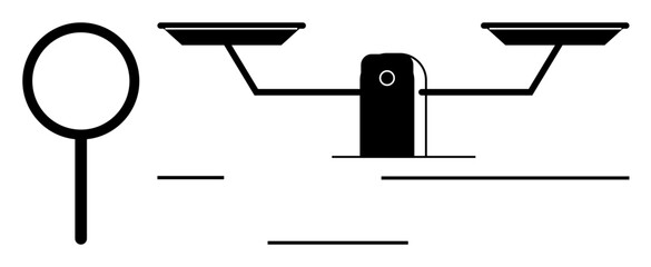 Magnifying glass and balance scales signify scrutiny and fairness, symbolizing judgment, equality, choice, and evaluation. Ideal for analysis, transparency, law, ethics reason and research themes