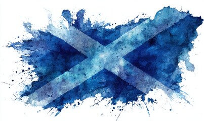 Artistic watercolor splash of the Scottish flag with blue and white brush strokes.
