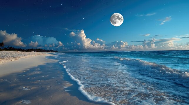 A beautiful night scene of a beach with waves, clouds, and a full moon.