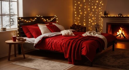 Cozy bedroom with red bedding, lit fireplace, and string lights creating a warm and inviting atmosphere