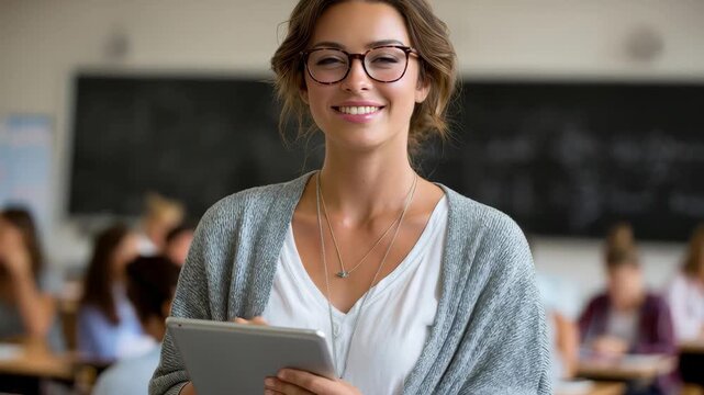 Female teacher using tablet to engage students in classroom learning environment during a bright school day