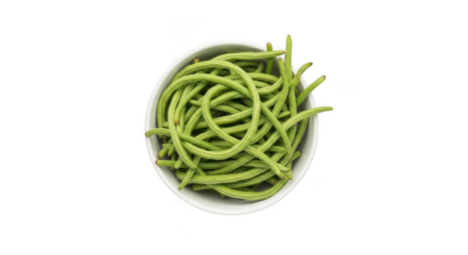 Fresh green beans in a white bowl top view healthy vegetable ingredient for cooking