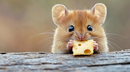 A cute mouse is eating a piece of cheese outdoors. The image is a close-up, showing the mouse's face and paws.