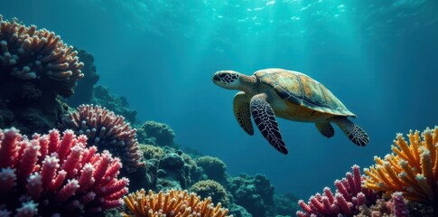 Fototapeta premium Elegant green turtle swims amidst colorful coral, deep blue background , diving, background