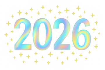 2026 holographic numbers with sparkling stars on transparent background