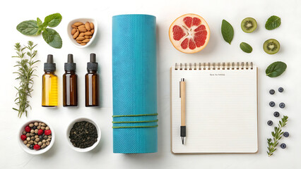 Yoga mat and healthy food ingredients flat lay
