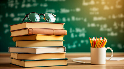 A stack of old books with reading glasses on top, next to a mug of colorful pencils, against a blurred chalkboard background.