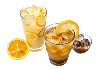 Refreshing lemon and iced tea drinks with fresh lemon slices and ice cubes for summer refreshment and beverage concepts